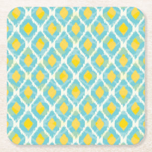Moderne Stammes-Ikat-Blau-Gelb-Mode Rechteckiger Pappuntersetzer
