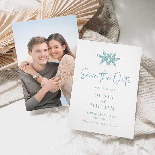 Moderne Starfish Beach Aqua Blue Wedding Save The Date