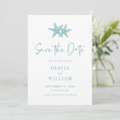 Moderne Starfish Beach Aqua Blue Wedding Save The Date (Stehend Vorderseite)