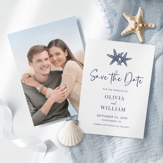 Moderne Starfish Beach Navy Blue Wedding Save The Date