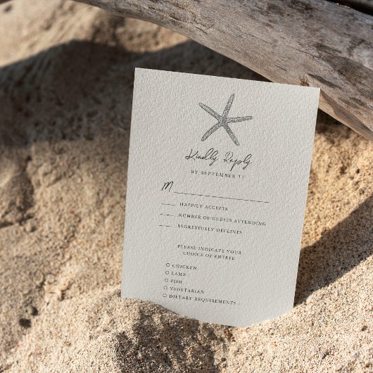 Moderne Starfish Beach Ocean Hochzeit in Urlaubsor RSVP Karte