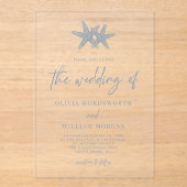 Moderne Starfish Beach Script Dusty Blue Wedding Acryleinladungen (Vorderseite)