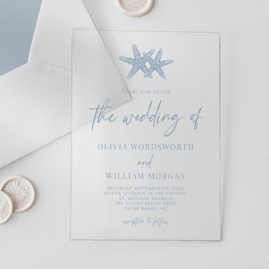 Moderne Starfish Beach Script Dusty Blue Wedding Acryleinladungen