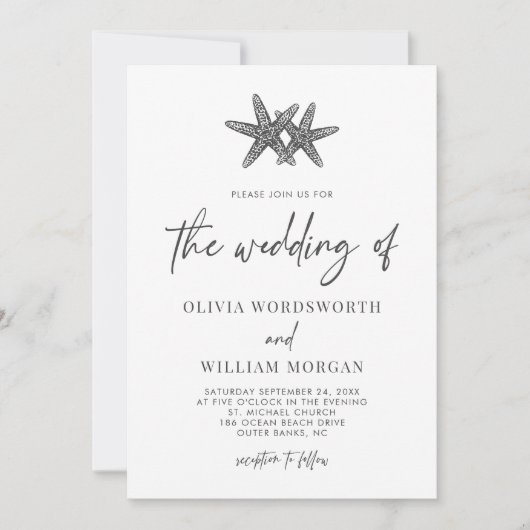 Moderne Starfish Beach Script Minimal Wedding Einladung (Vorderseite)