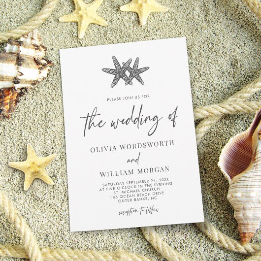 Moderne Starfish Beach Script Minimal Wedding Einladung
