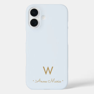 Moderne Staubblau Gold Schrift Monogramm iPhone 16 Hülle