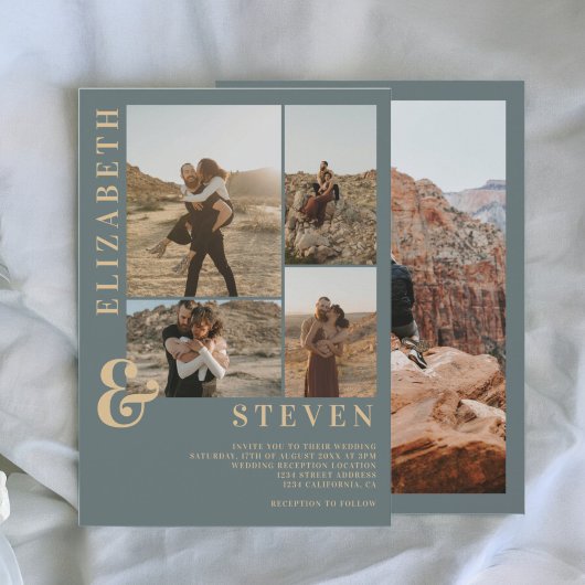 Moderne staubblaue Ampere und 5 Foto Grid Hochzeit Einladung