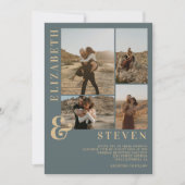 Moderne staubblaue Ampere und 5 Foto Grid Hochzeit Einladung (Vorderseite)