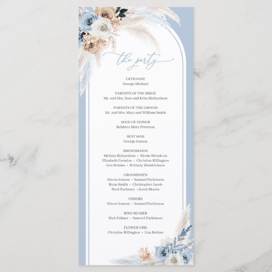 Moderne staubblaue Blume tropischen Bogen Programm (Rückseite)