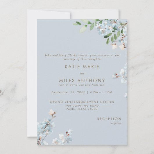Moderne staubblaue Blumengrünhochzeit  Einladung (Vorderseite)