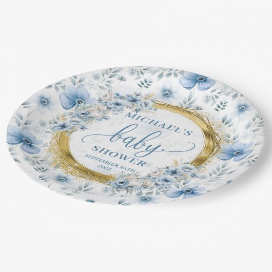 Moderne staubblaue bohfarbige Blume Gold Pappteller (Schrägansicht)