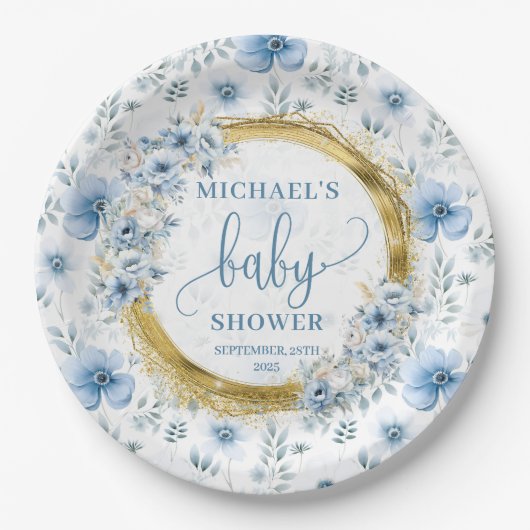 Moderne staubblaue bohfarbige Blume Gold Pappteller (Vorderseite)