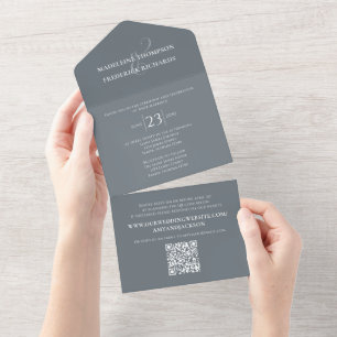 Moderne staubblaue einfache minimalistische QR-Cod All In One Einladung
