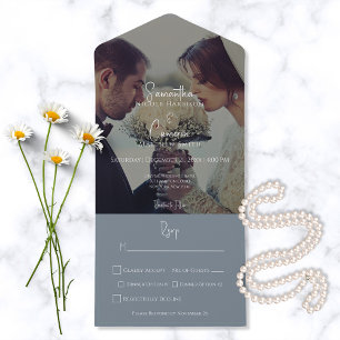 Moderne staubblaue elegante Foto-Dinnerparty All In One Einladung