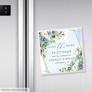 Moderne Staubblaue Florale Goldene "Save the Date" Magnet