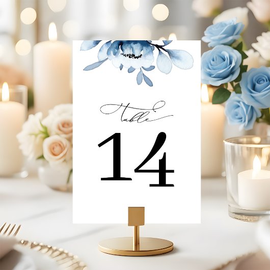 Moderne staubblaue florale Hochzeit Tischnummer
