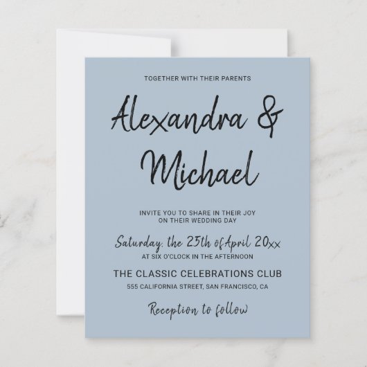 Moderne staubblaue Hochzeitseinladung (Vorderseite)