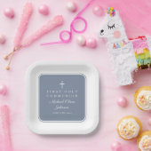 Moderne staubblaue Kreuz Jungen Erstkommunion Pappteller (Party)