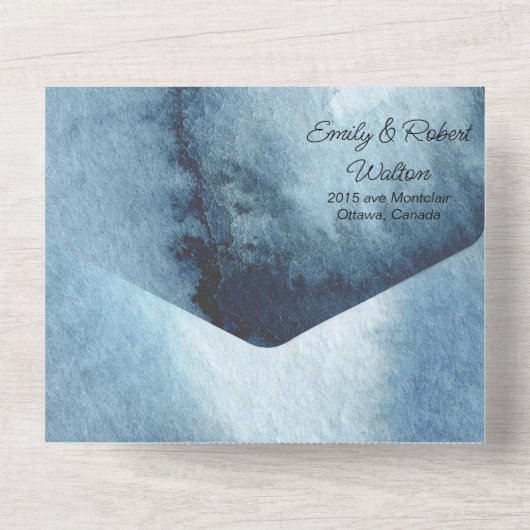 Moderne staubblaue Marine All In One Einladung (Rückseite)