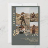 Moderne staubgrüne Ampere und 5 Foto Grid Hochzeit Einladung (Vorderseite)
