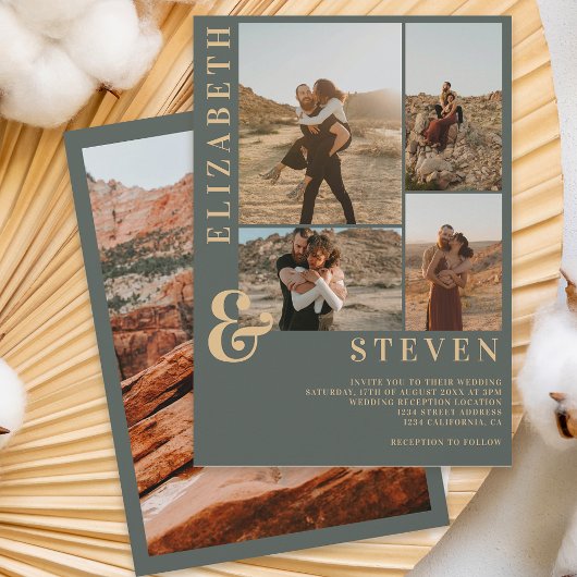 Moderne staubgrüne Ampere und 5 Foto Grid Hochzeit Einladung