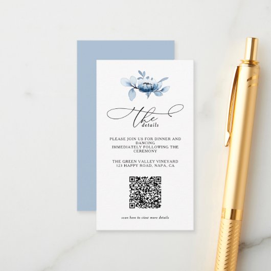 Moderne staubige florale QR-Code-Hochzeitsdetails Begleitkarte (Vorderseite/Rückseite Beispiel)