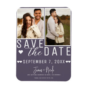Moderne staubige lila Save-the-Date-Karte mit 2 Fo Magnet