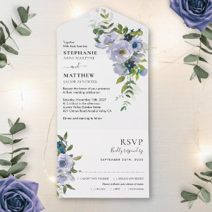 Moderne staubige lila Wasserfarbe Florale Hochzeit All In One Einladung