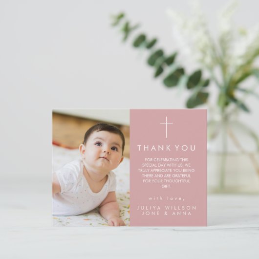Moderne staubige rosa Foto Taufe Vielen Dank Postkarte (Stehend Vorderseite)