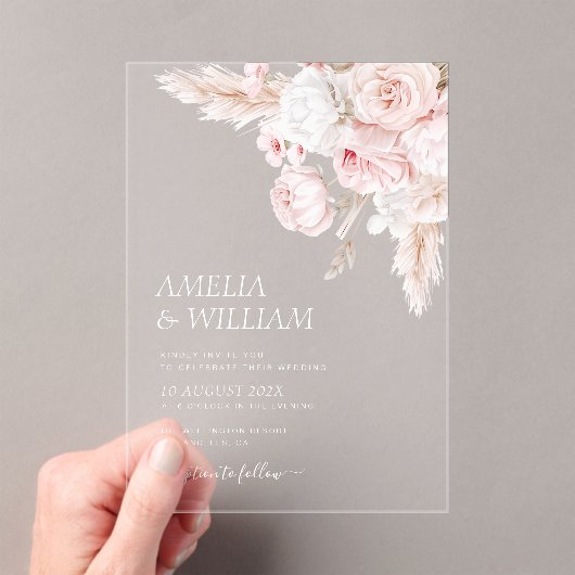 Moderne staubige Rose Blumenhochzeit Acryleinladungen (Insitu (Handheld))