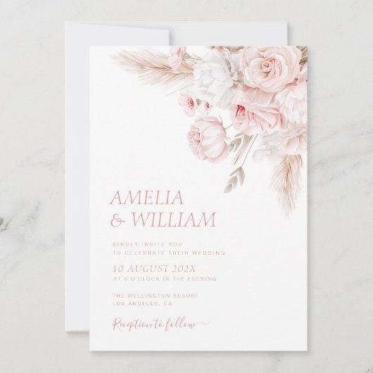 Moderne staubige Rose Blumenhochzeit Einladung (Vorderseite)