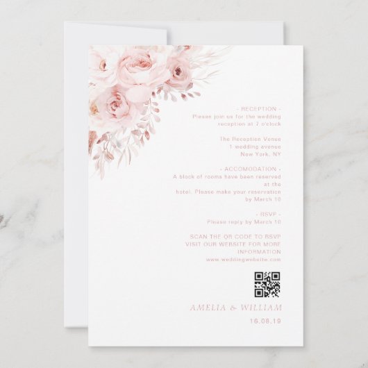 Moderne staubige Rose Blumenhochzeit Einladung (Rückseite)