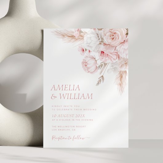 Moderne staubige Rose Blumenhochzeit Einladung