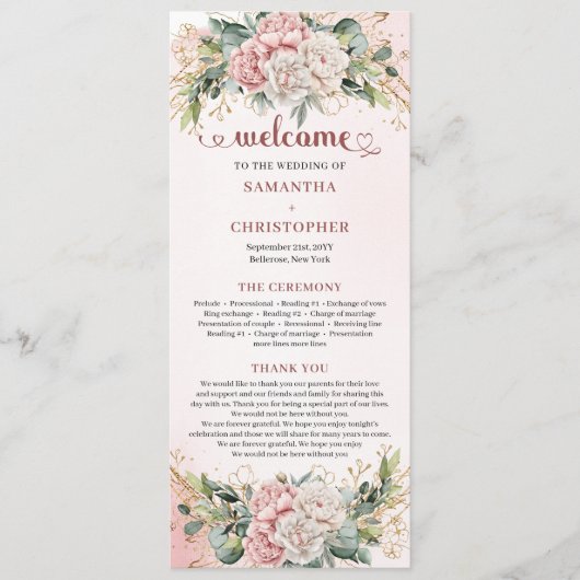 Moderne staubrosa Blumen Grüne Hochzeitsprogramm Programm (Vorderseite)