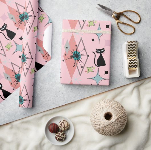 Moderne Sterne und Katzen Muster Rosa Mitte Geschenkpapier (Kunsthandwerk)