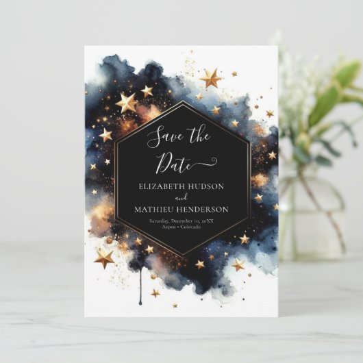 Moderne Sternenhochzeit Save The Date (Stehend Vorderseite)