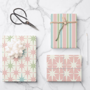 Moderne Sternexplosionen und Streifen Pastel Geschenkpapier Set