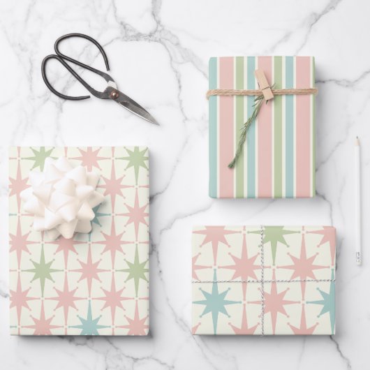 Moderne Sternexplosionen und Streifen Pastel Geschenkpapier Set (Vorderseite)