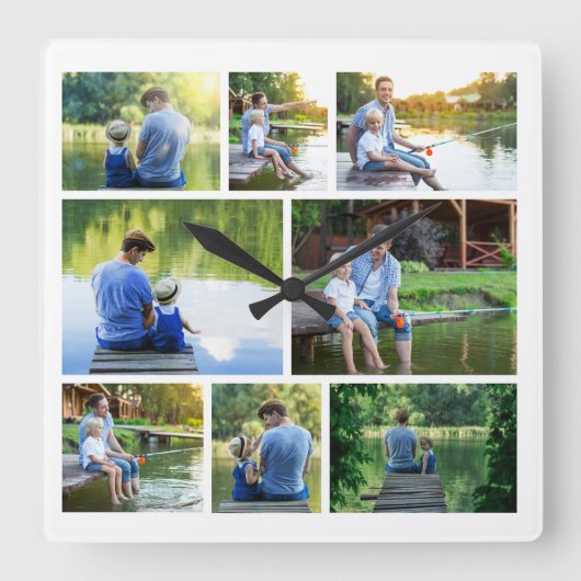 Moderne, stilvolle 8-Foto Collage Quadratische Wanduhr (Vorderseite)