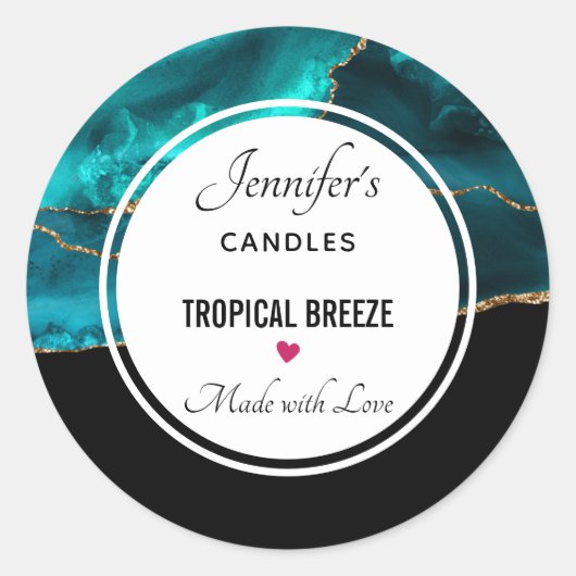 Moderne stilvolle Aquamarin- & Gold Agate Candle Runder Aufkleber (Vorderseite)