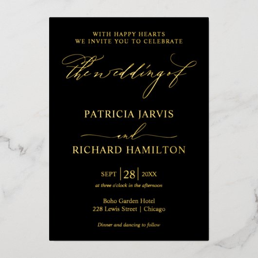 Moderne, stilvolle Black and Gold Wedding Folieneinladung (Vorderseite)