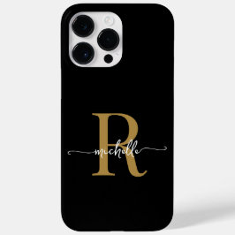 Moderne, stilvolle Black Gold Script Monogram Init Case-Mate iPhone 14 Pro Max Hülle