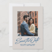 Moderne stilvolle blaue Schrift zwei Foto Save The Date (Vorderseite)
