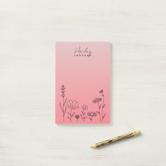 Moderne, stilvolle Boho Wildblumen Floral Pink Post-it Klebezettel (Auf Schreibtisch)
