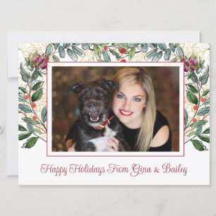 Moderne stilvolle einfache Weihnachtsfrau Hund Fot Feiertagskarte