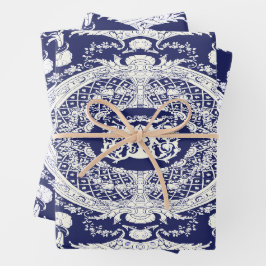 Moderne stilvolle Elegant Navy Blauer Barock Ornam Geschenkpapier Set