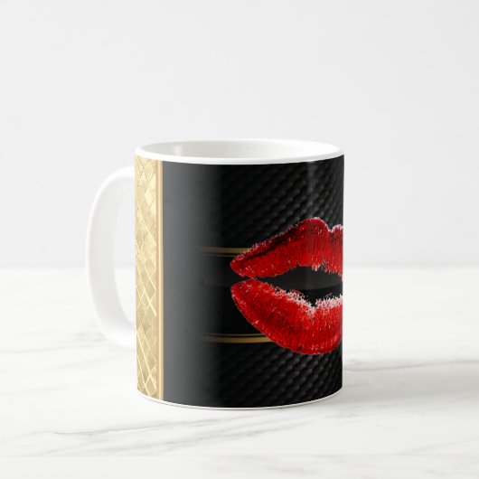 Moderne, stilvolle Glitzer Rote Lippen, schwarz-Pe Kaffeetasse (Vorderseite Links)
