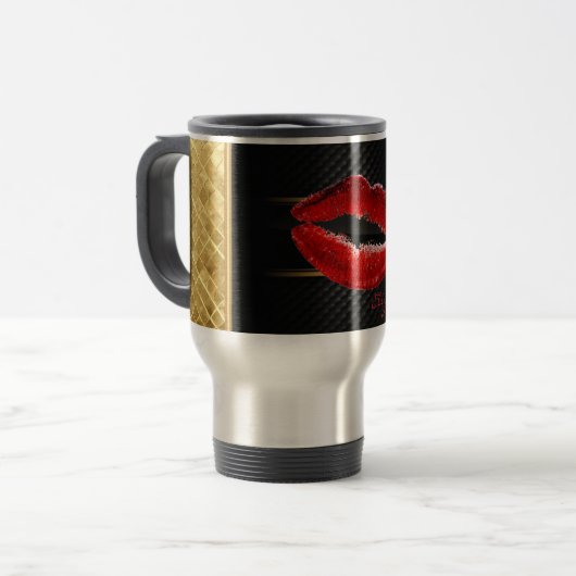 Moderne, stilvolle Glitzer Rote Lippen, schwarz-Pe Reisebecher (Vorderseite Links)