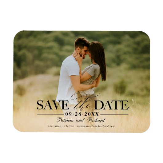Moderne, stilvolle Hochzeit spart das Date-Foto Magnet (Horizontal)