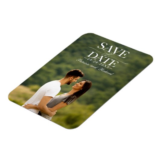 Moderne, stilvolle Hochzeit spart das Date-Foto Magnet (Linke Seite)
